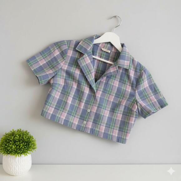 Aritzia Sunday Best Tuesday Shirt Boxy Fit Plaid Cropped Top Sustainable Small - Picture 1 of 6